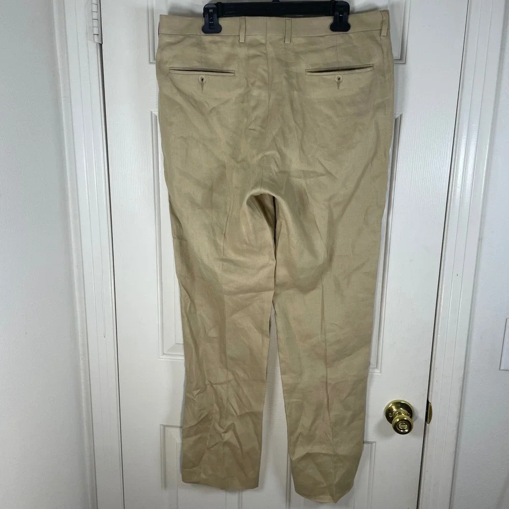 J.Crew Mens 100% Irish Linen Dress Pants Tan Khaki Flat Front 36x32 Summer READ